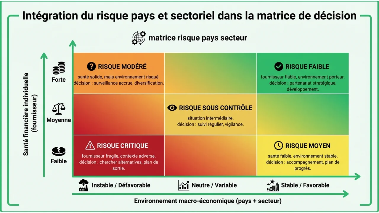 Graphique à trois dimensions combinant le score financier de l'entreprise, le risque pays et la tendance du secteur d'activité.