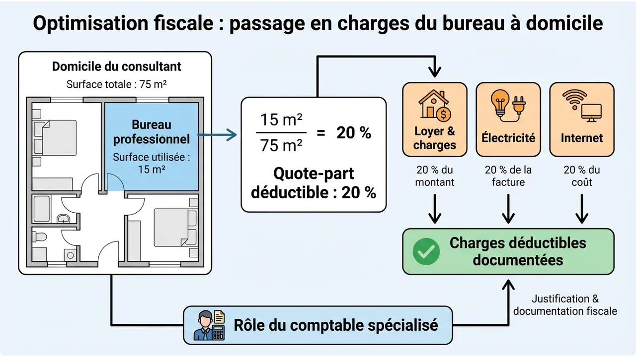 Illustration didactique montrant un plan de logement avec une zone bureau mise en évidence pour expliquer le calcul de la quote-part déductible.