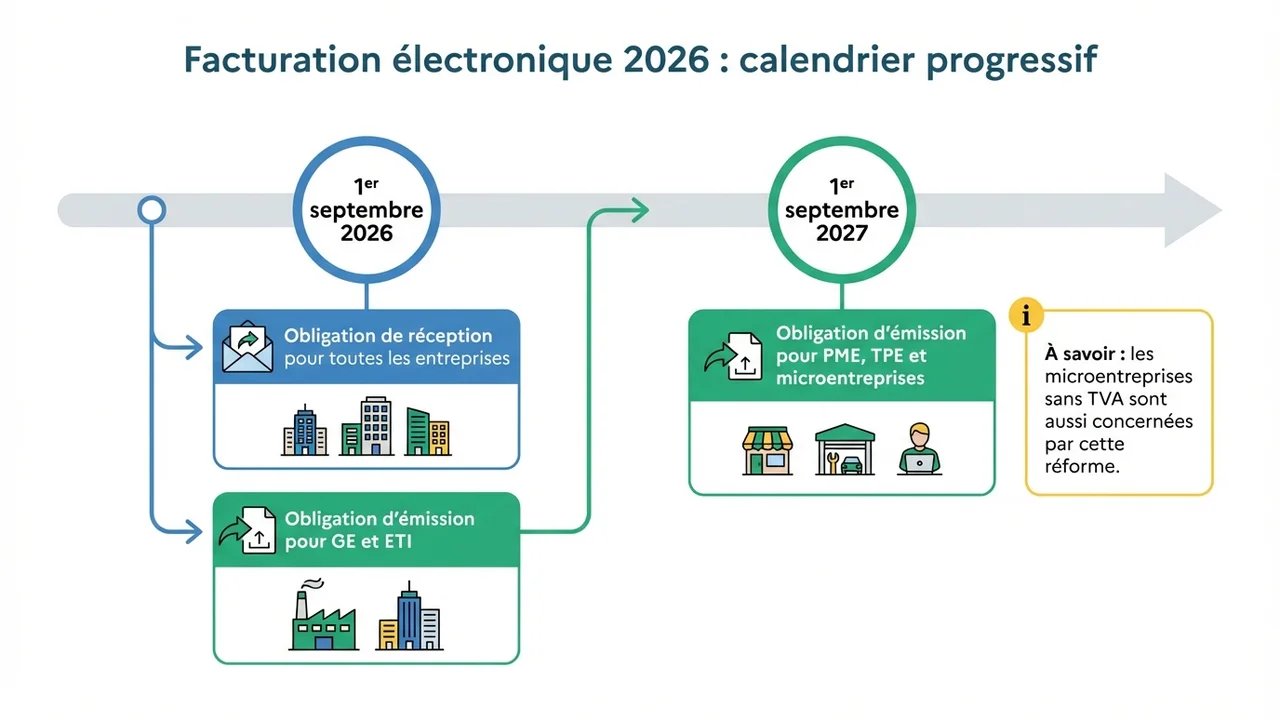 Frise chronologique montrant les étapes clés de la réforme : septembre 2026 pour la réception globale et l'émission GE/ETI, septembre 2027 pour l'émission PME/TPE.