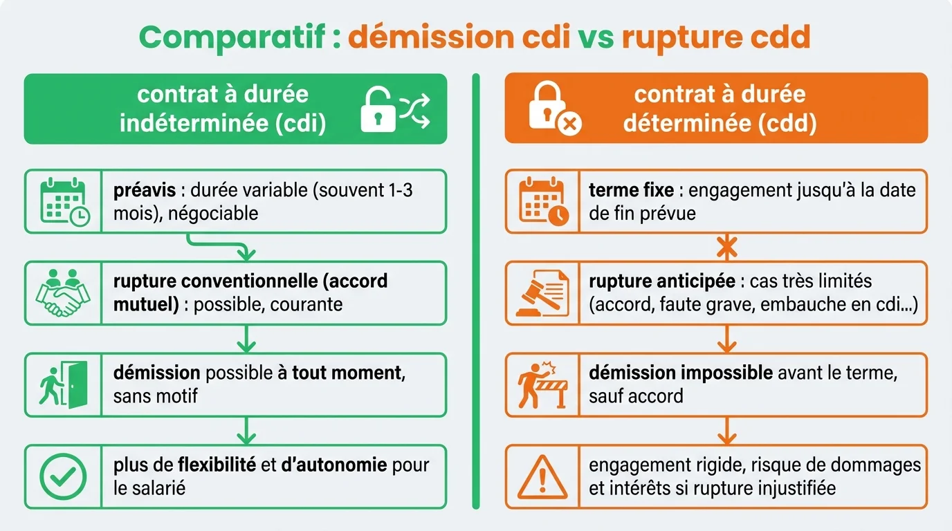 Comparatif : Démission CDI vs Rupture CDD