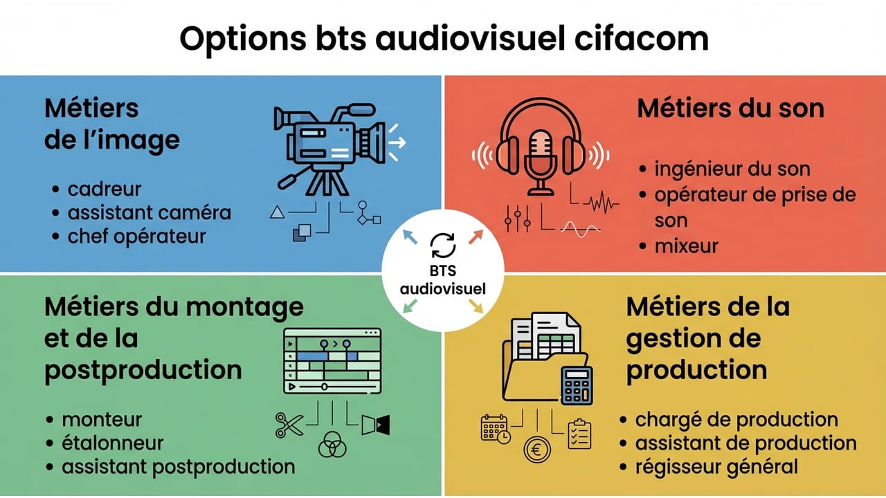 Tableau synthétique présentant les options Image, Son, Montage et Gestion de production avec leurs débouchés respectifs.