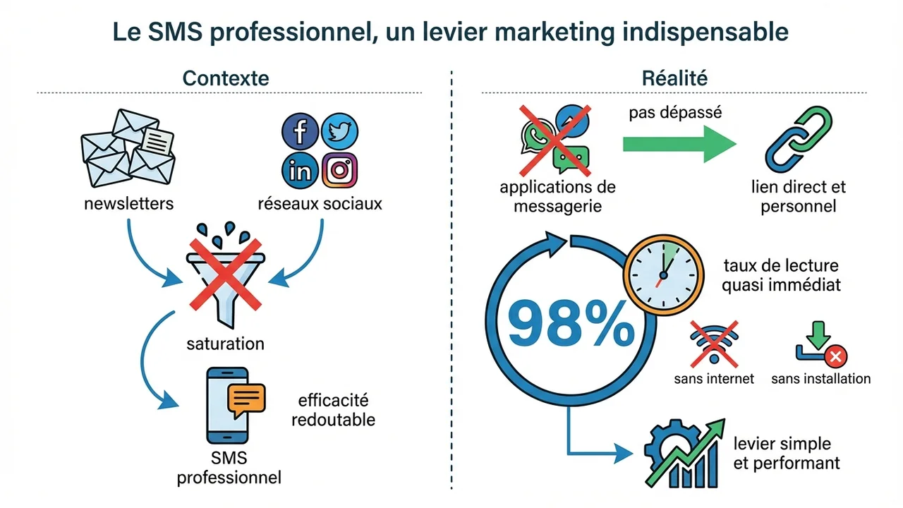 Diagramme circulaire montrant 98% de taux d'ouverture et une horloge indiquant une lecture en moins de 3 minutes.