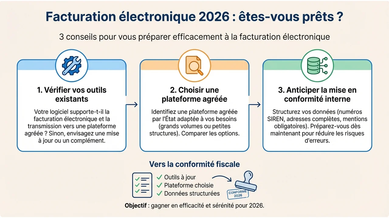 Infographie présentant les trois piliers de la préparation : audit des logiciels, sélection de la plateforme et nettoyage des données SIREN.