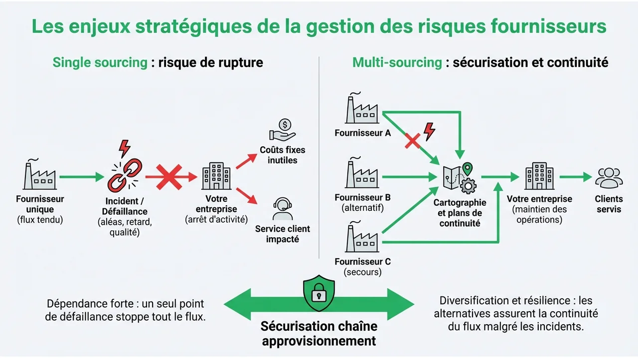 Schéma montrant une ligne de production bloquée par un fournisseur unique versus une ligne fluide avec plusieurs sources d'approvisionnement.