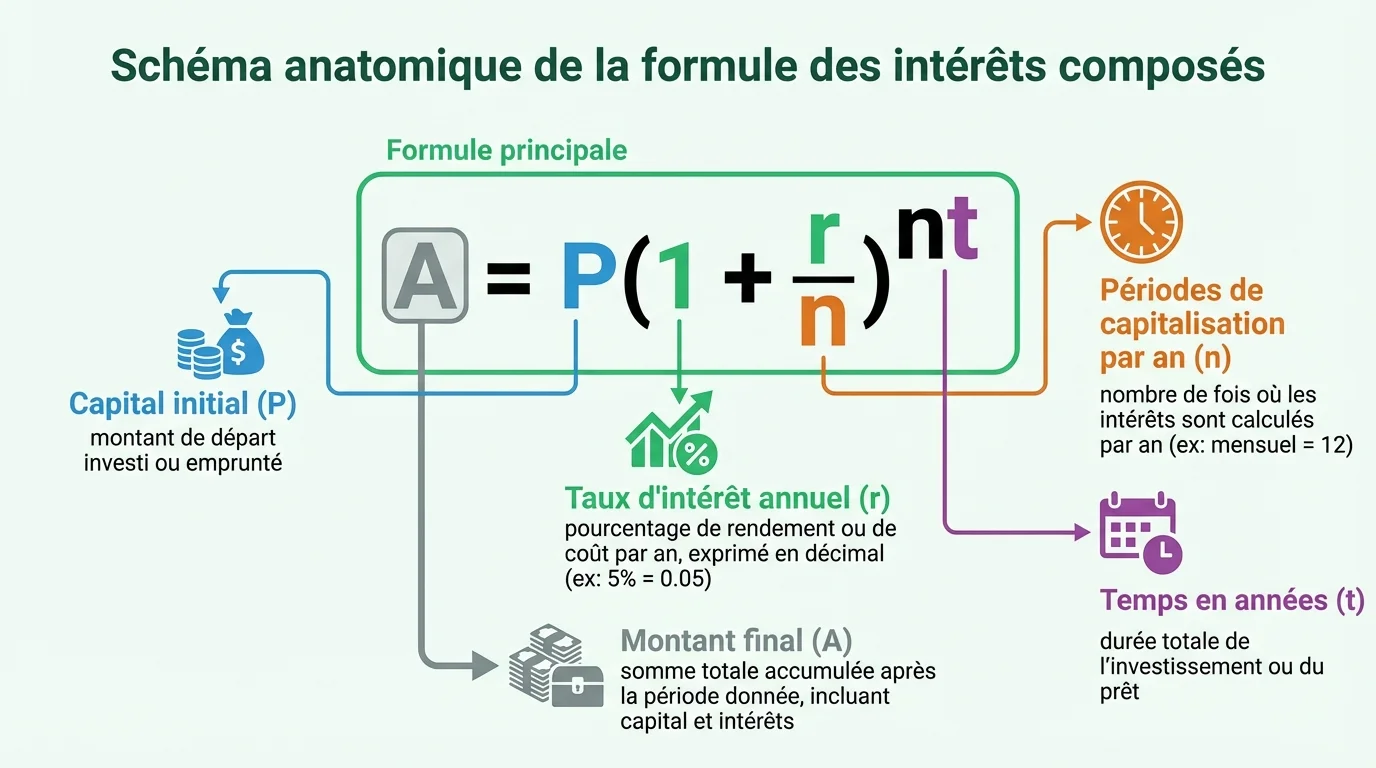 Schéma anatomique de la formule des intérêts composés