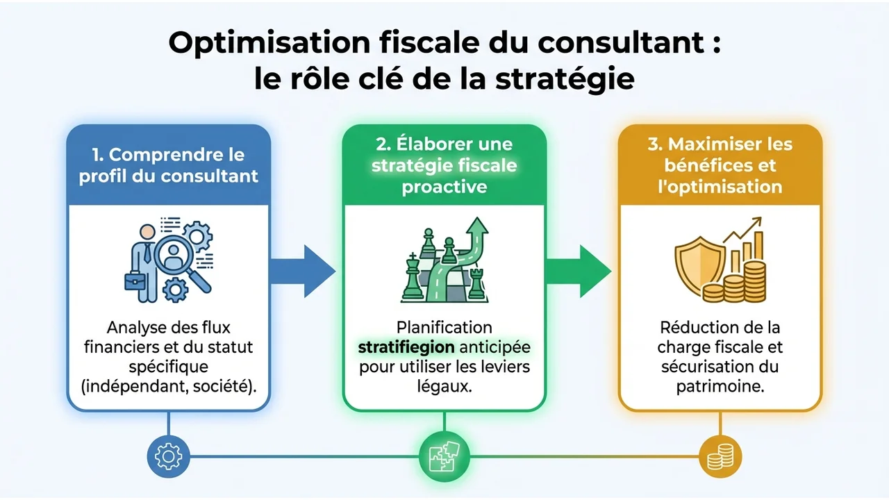 Infographie résumant les trois axes d'intervention du comptable : choix du statut, gestion des charges et arbitrage de rémunération.
