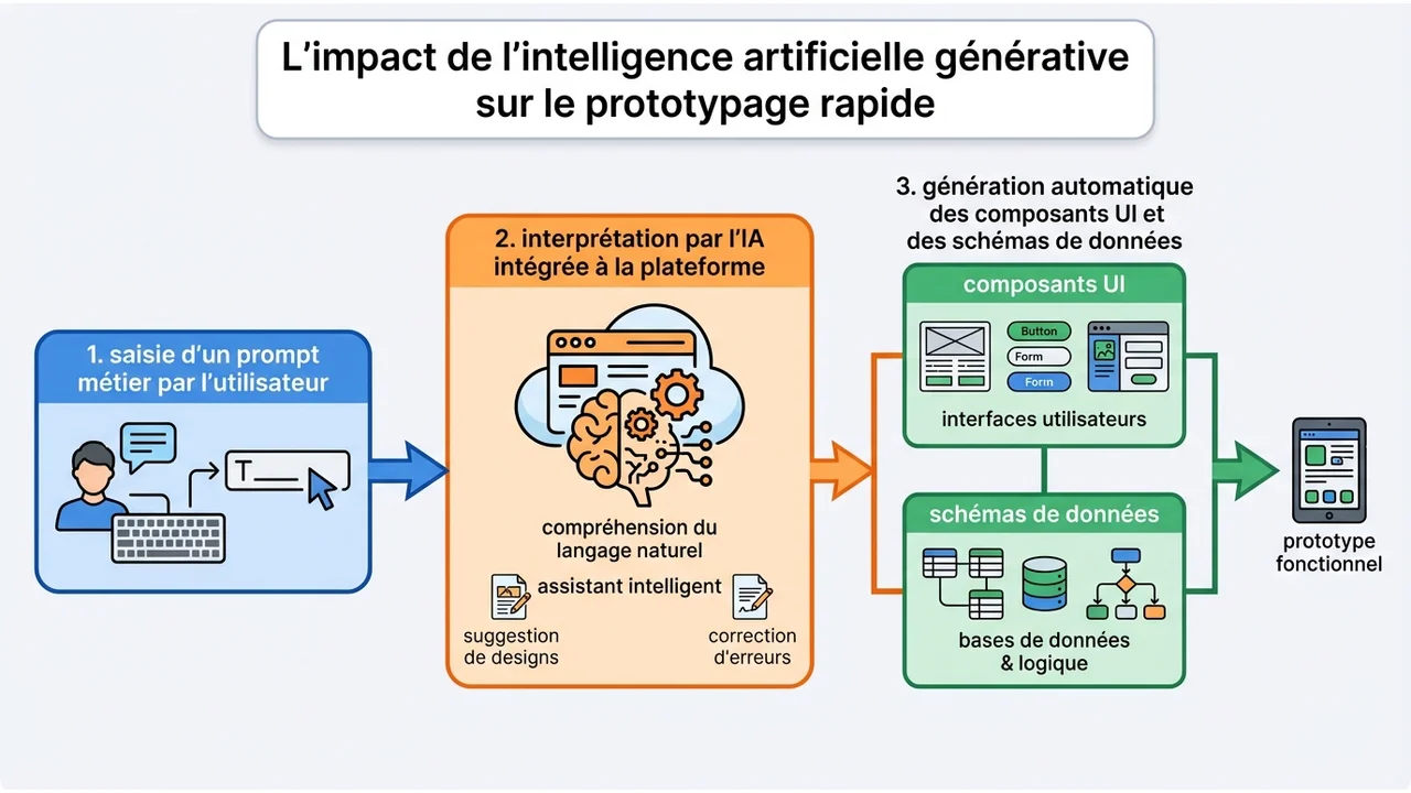 Schéma de flux montrant la transformation d'un prompt textuel en interface et base de données fonctionnelles via l'IA