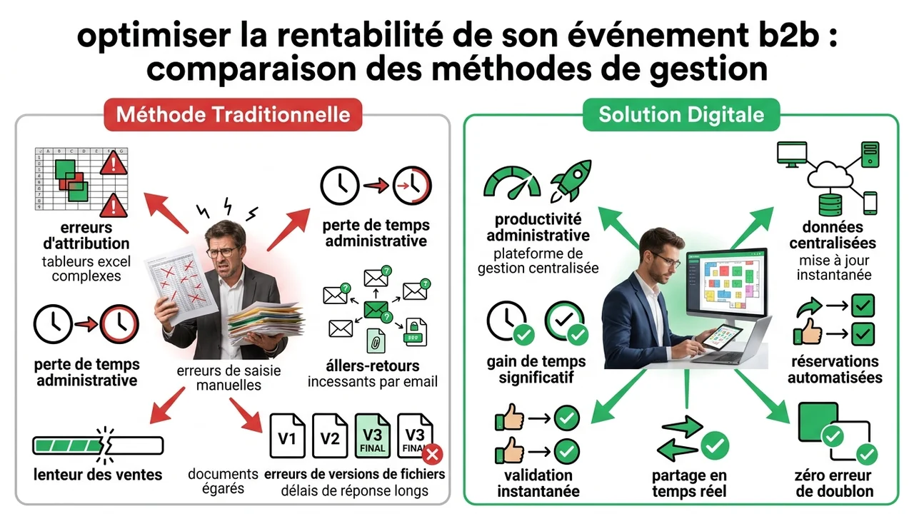 Tableau comparatif montrant les risques du tableur Excel face aux avantages d'un logiciel de gestion d'événements.