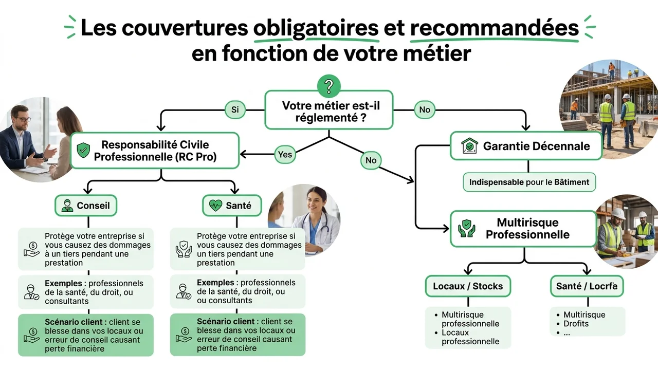 Logigramme pour déterminer si la RC Pro, la décennale ou l'assurance locaux est obligatoire selon le métier