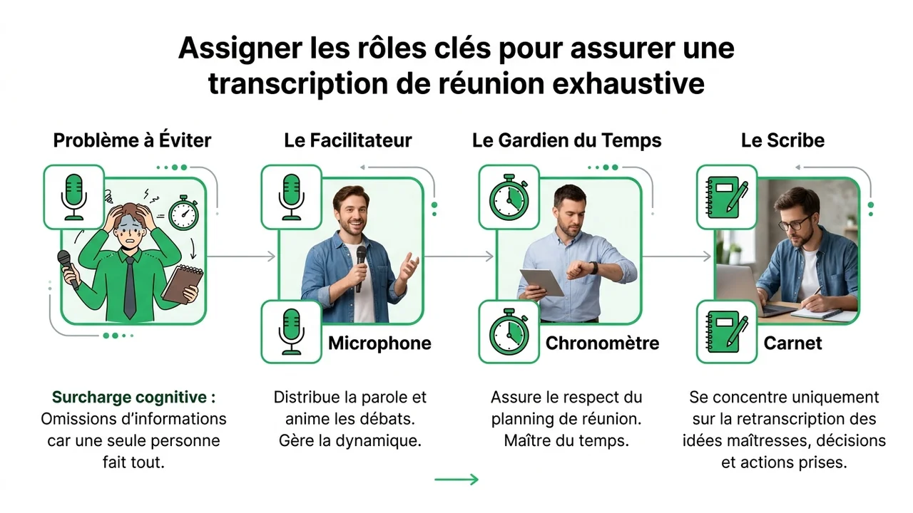 Illustration montrant la répartition des tâches entre le facilitateur, le gardien du temps et le scribe pour une prise de notes optimale.