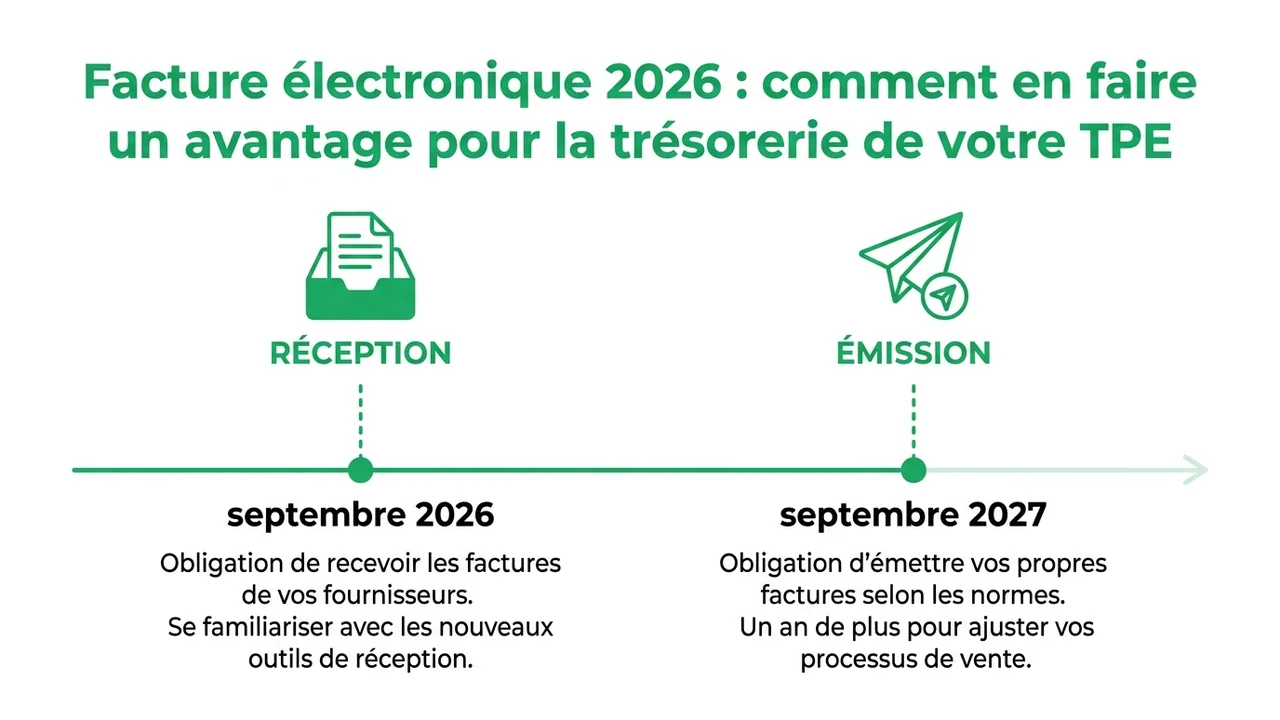 Frise chronologique mettant en évidence septembre 2026 pour l'obligation de réception et septembre 2027 pour l'obligation d'émission pour les très petites entreprises.