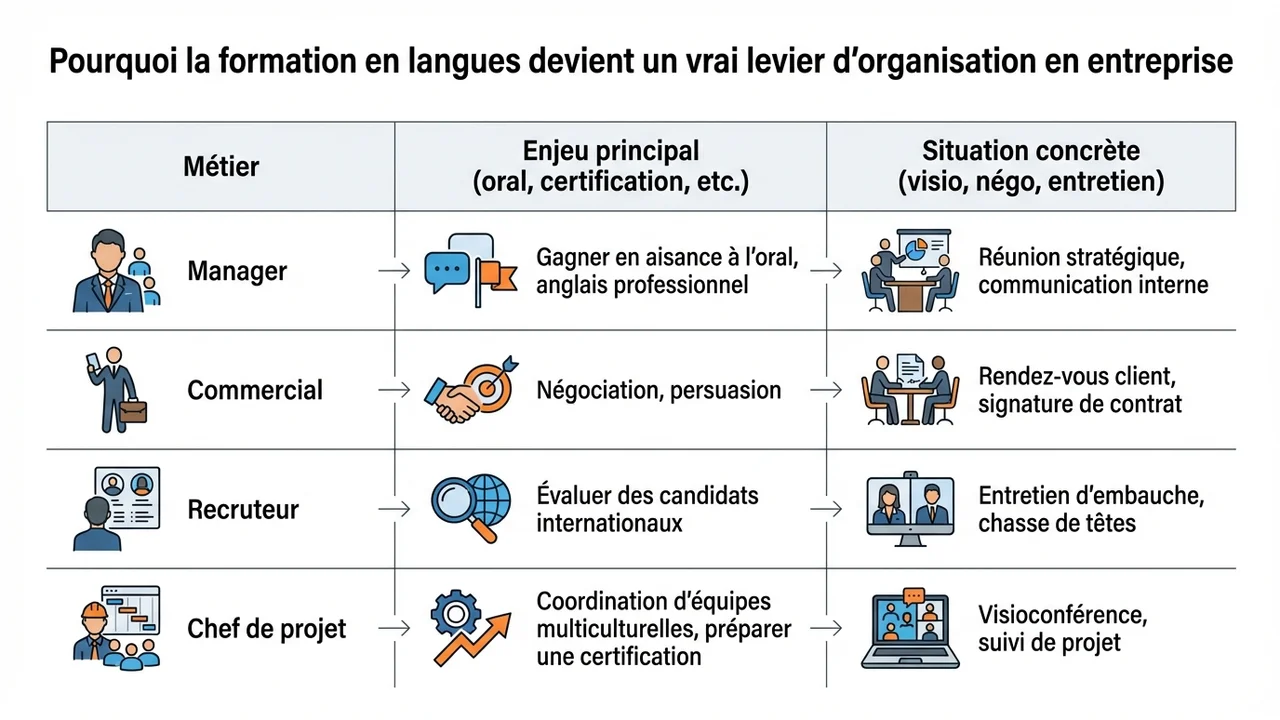 Tableau comparatif des objectifs de formation pour les managers, commerciaux, recruteurs et chefs de projet.