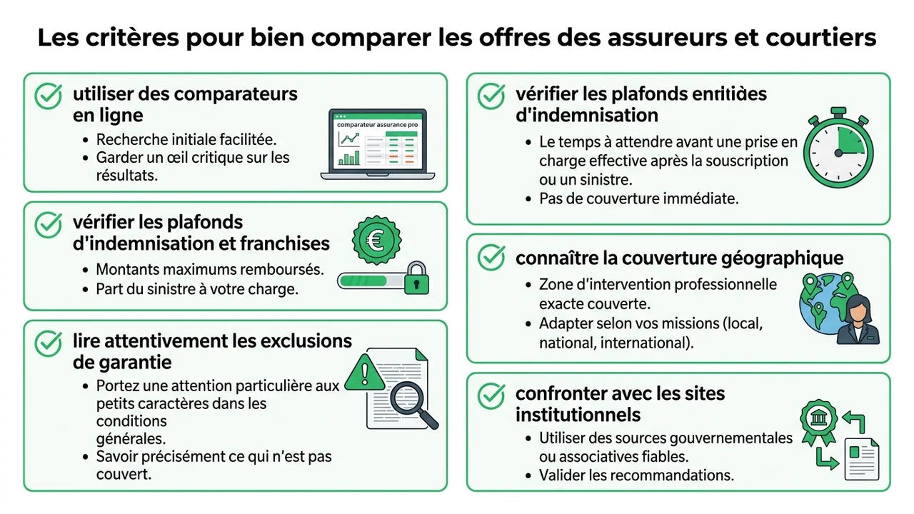 Infographie présentant les 3 points clés à vérifier : exclusions, franchises et délais de carence