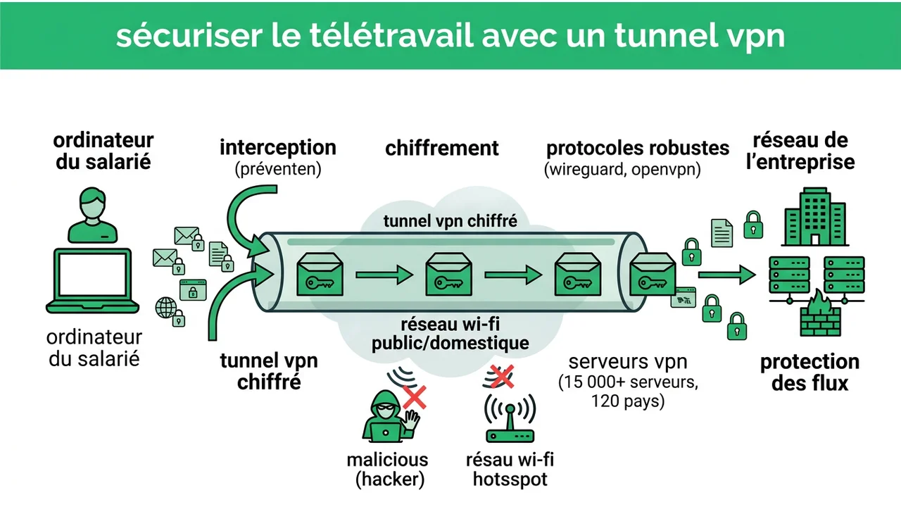 Schéma technique montrant un tunnel chiffré entre l'ordinateur d'un télétravailleur et le serveur de l'entreprise à travers Internet.