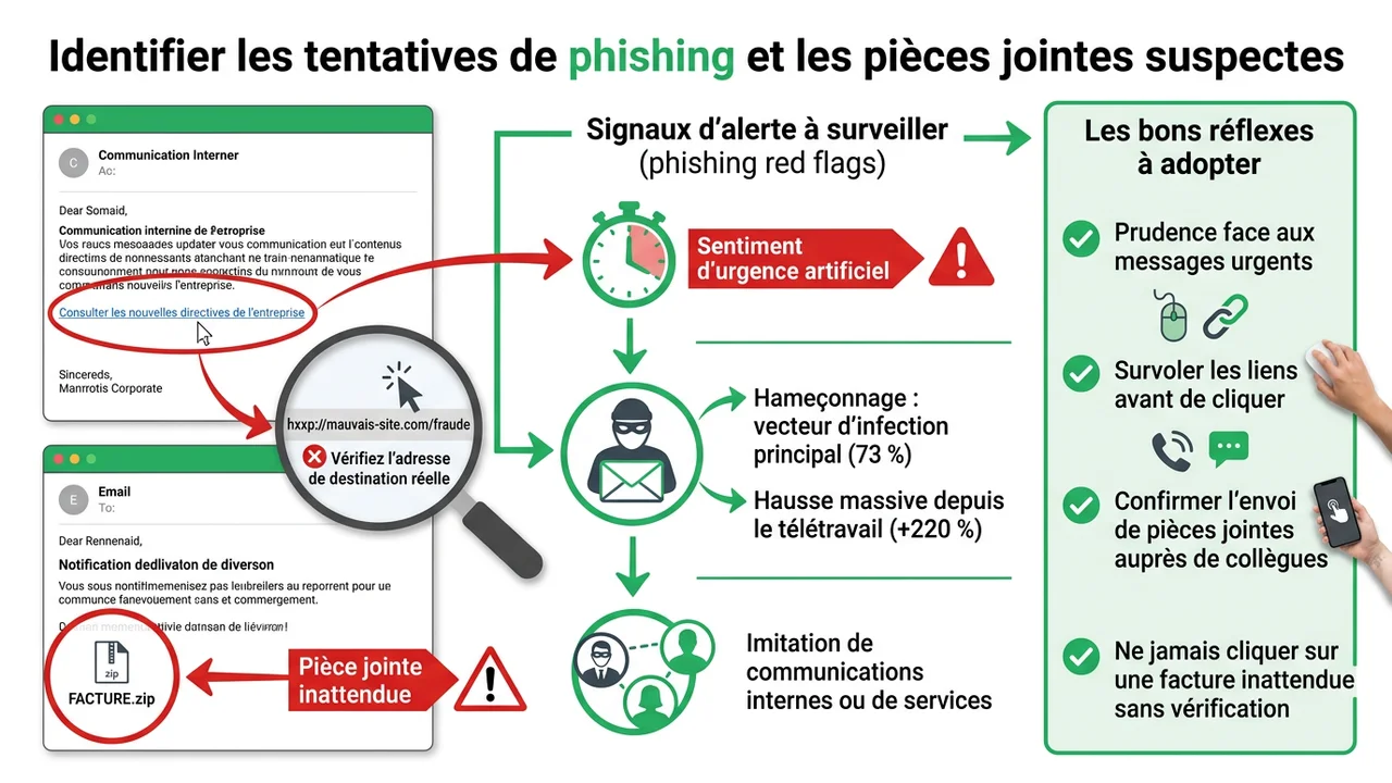 Infographie annotée d'un exemple d'e-mail de phishing mettant en évidence l'adresse de l'expéditeur, le lien hypertexte masqué et les fautes d'orthographe.