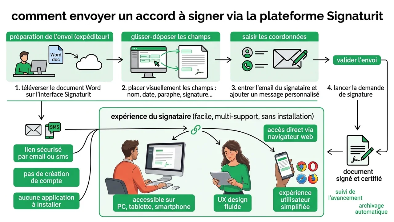 Illustration du parcours client : réception d'un lien sécurisé, signature tactile sur smartphone et réception automatique du PDF finalisé.