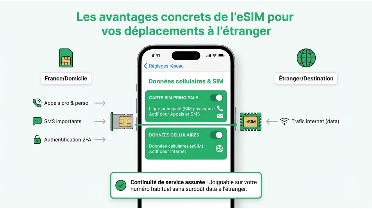 Schéma d'un écran de smartphone montrant la barre de notification avec deux indicateurs de réseau distincts pour la ligne principale et la data voyage.