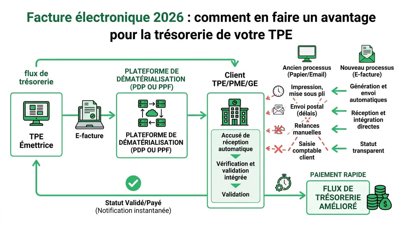 Diagramme de flux montrant le processus simplifié : émission immédiate, dépôt sur plateforme, accusé de réception instantané et rapprochement bancaire automatisé.