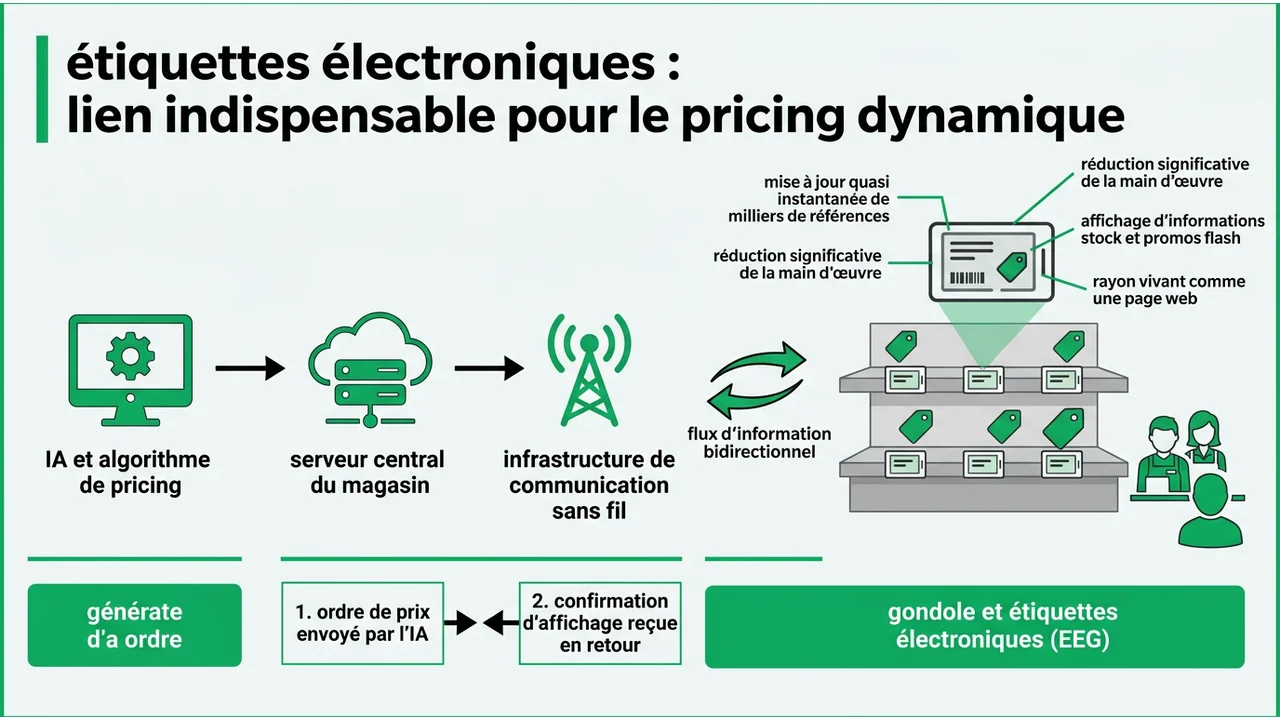 Diagramme montrant la liaison entre l'algorithme cloud, le système de gestion du magasin et les étiquettes électroniques de gondole (EEG).