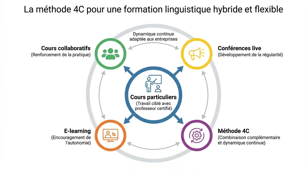 Schéma circulaire présentant la synergie entre cours particuliers, cours collaboratifs, conférences live et e-learning.