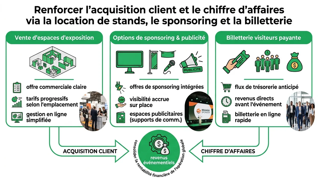 Infographie présentant les trois sources de revenus majeures : location d'espaces, sponsoring de visibilité et billetterie visiteurs.