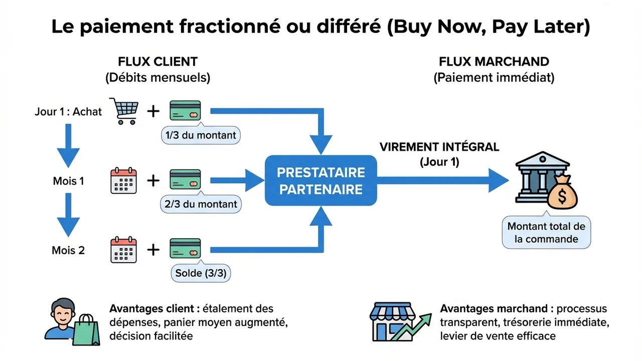 Schéma expliquant que le client paie en plusieurs fois alors que le marchand reçoit la totalité de la somme immédiatement.