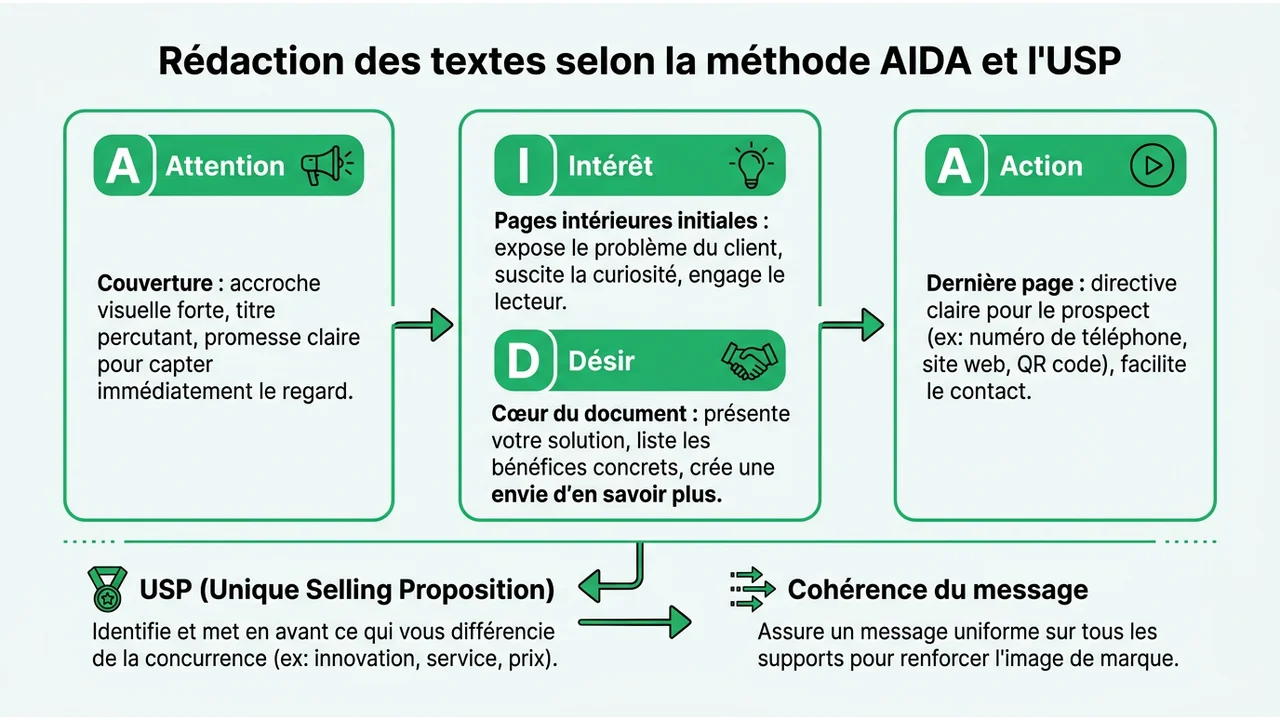 Schéma de chemin de fer montrant comment structurer le contenu de la couverture (Attention) jusqu'à l'appel à l'action final.
