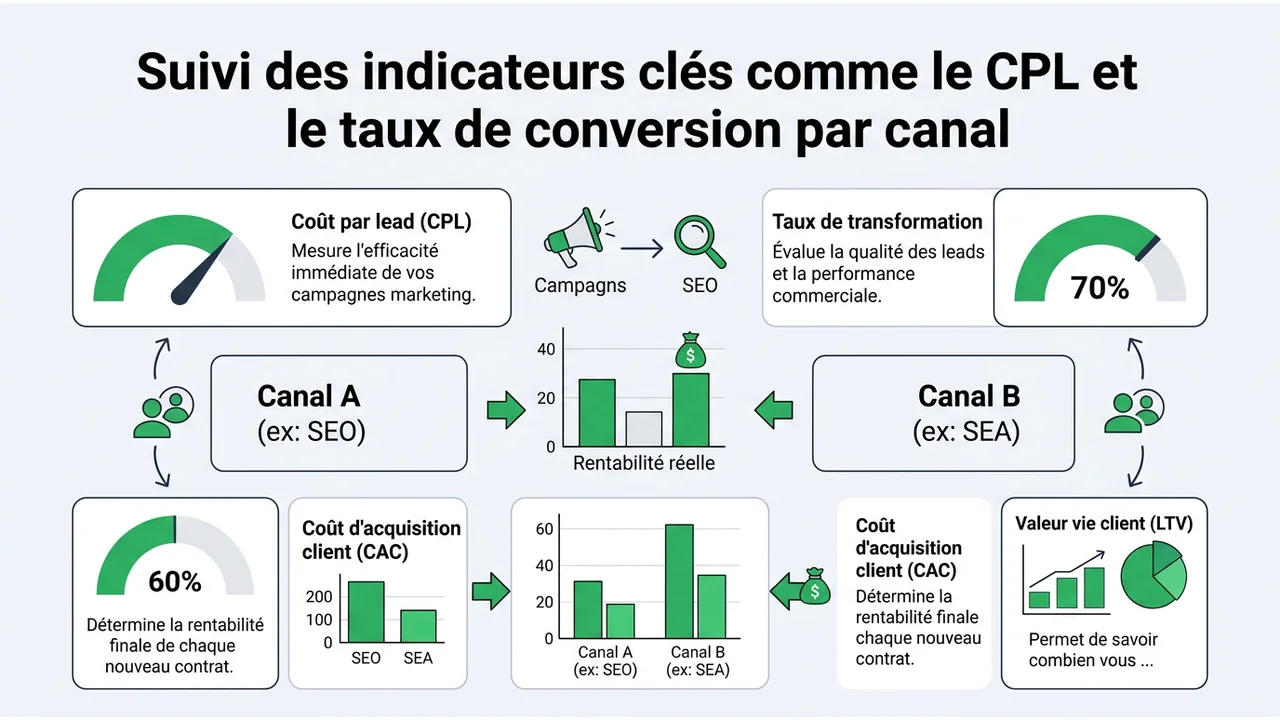 Visualisation de données sous forme de tableau de bord montrant les métriques CPL, CAC et Valeur Vie Client.