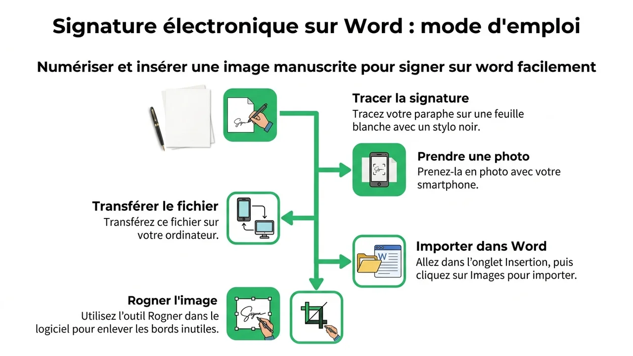 Schéma des 3 étapes : capture photo du paraphe, importation dans l'onglet Insertion et ajustement avec l'outil Rogner.
