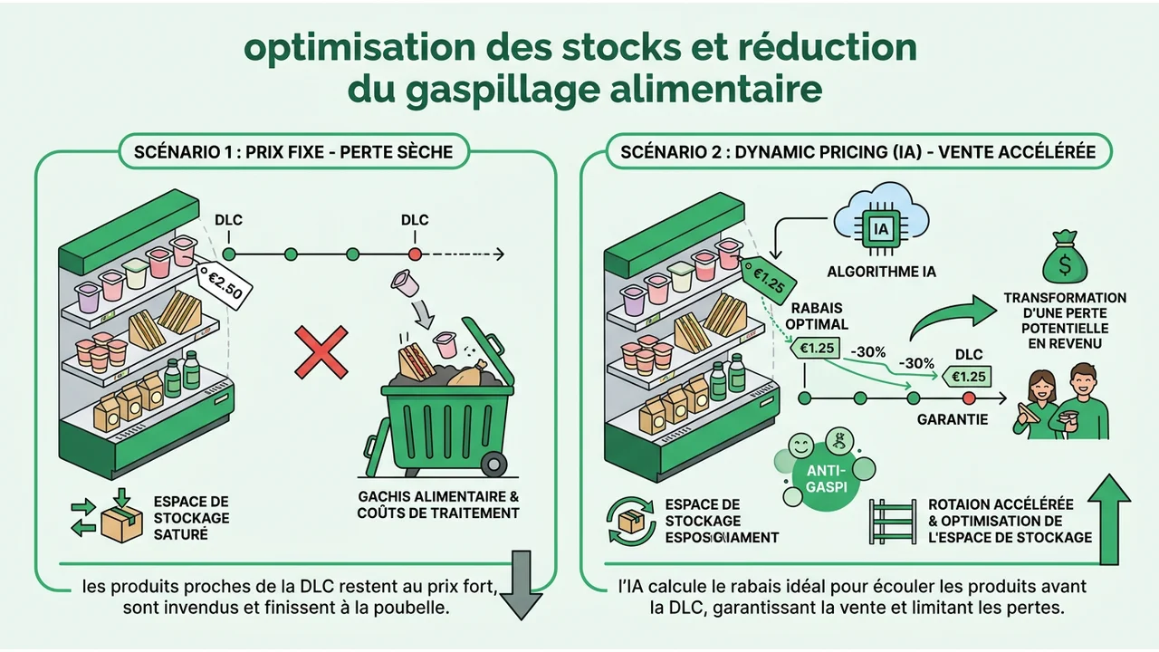 Graphique comparatif montrant la courbe de vente d'un produit périssable avec un prix fixe versus une baisse de prix prédictive par l'IA.