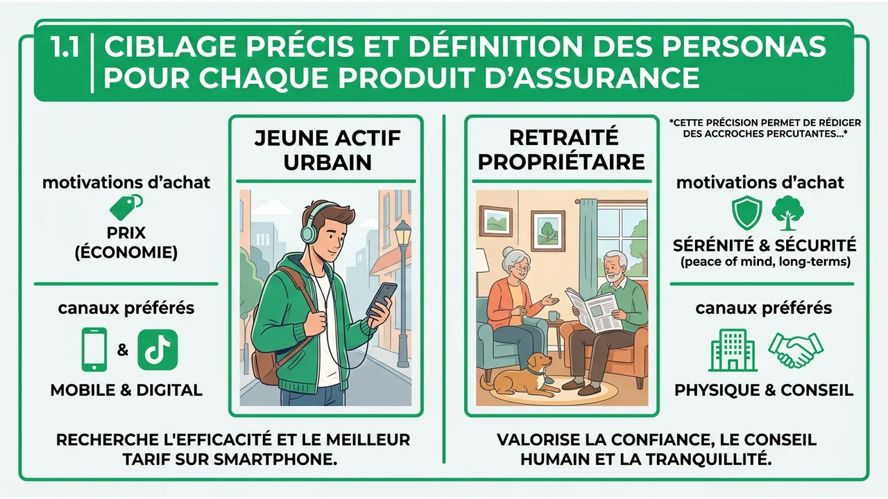 Infographie comparant les besoins et canaux de communication d'un jeune actif urbain face à un retraité propriétaire pour des produits d'assurance.