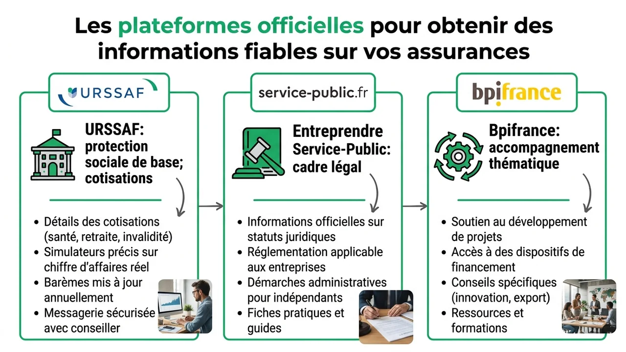 Schéma montrant les rôles respectifs de l'URSSAF, Service-Public et Bpifrance pour l'assurance