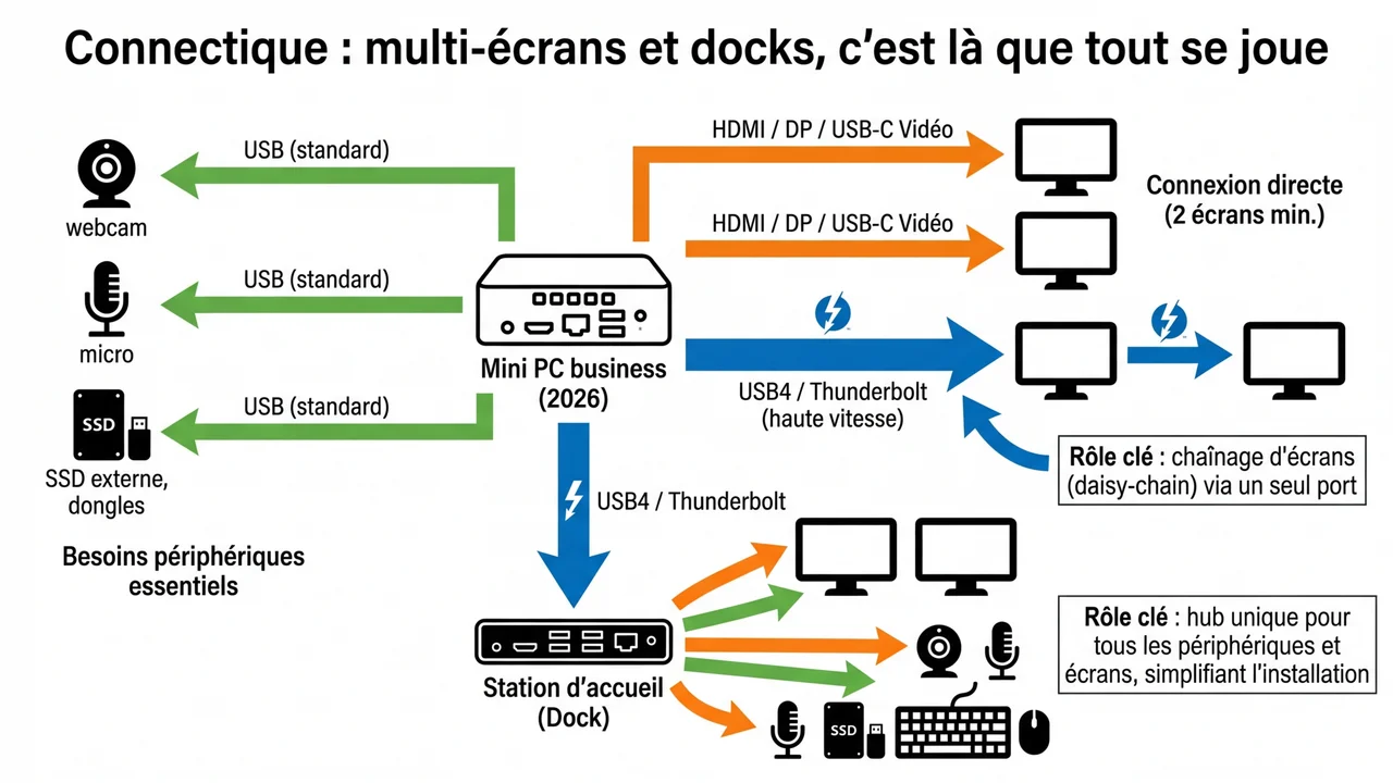 Schéma technique des ports arrière et avant d'un mini PC pro incluant USB-C Thunderbolt, HDMI, DisplayPort et Ethernet.