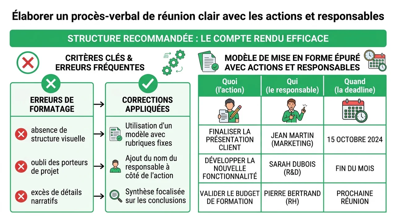 Exemple visuel d'un tableau de suivi des décisions avec colonnes action, responsable et date d'échéance.