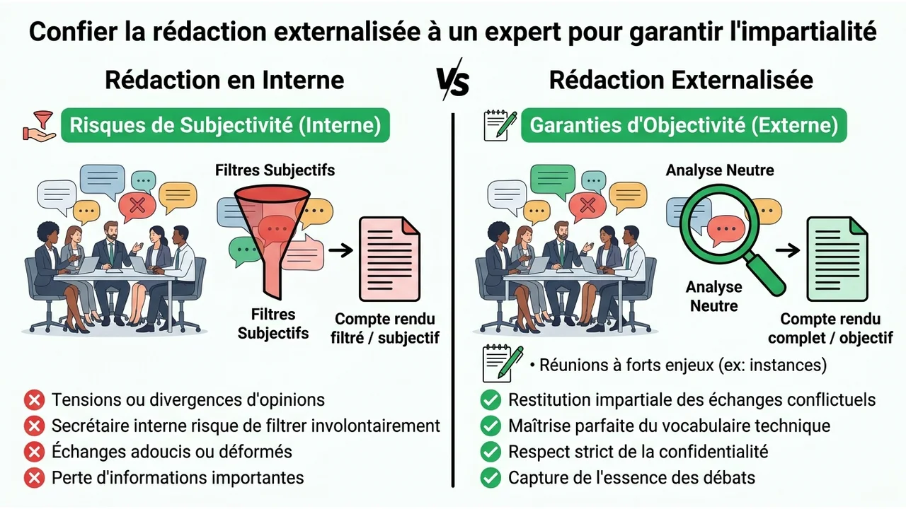 Infographie comparant la prise de notes par un collaborateur (biais possible, perte de temps) et par un rédacteur Codexa (impartialité, fidélité totale).