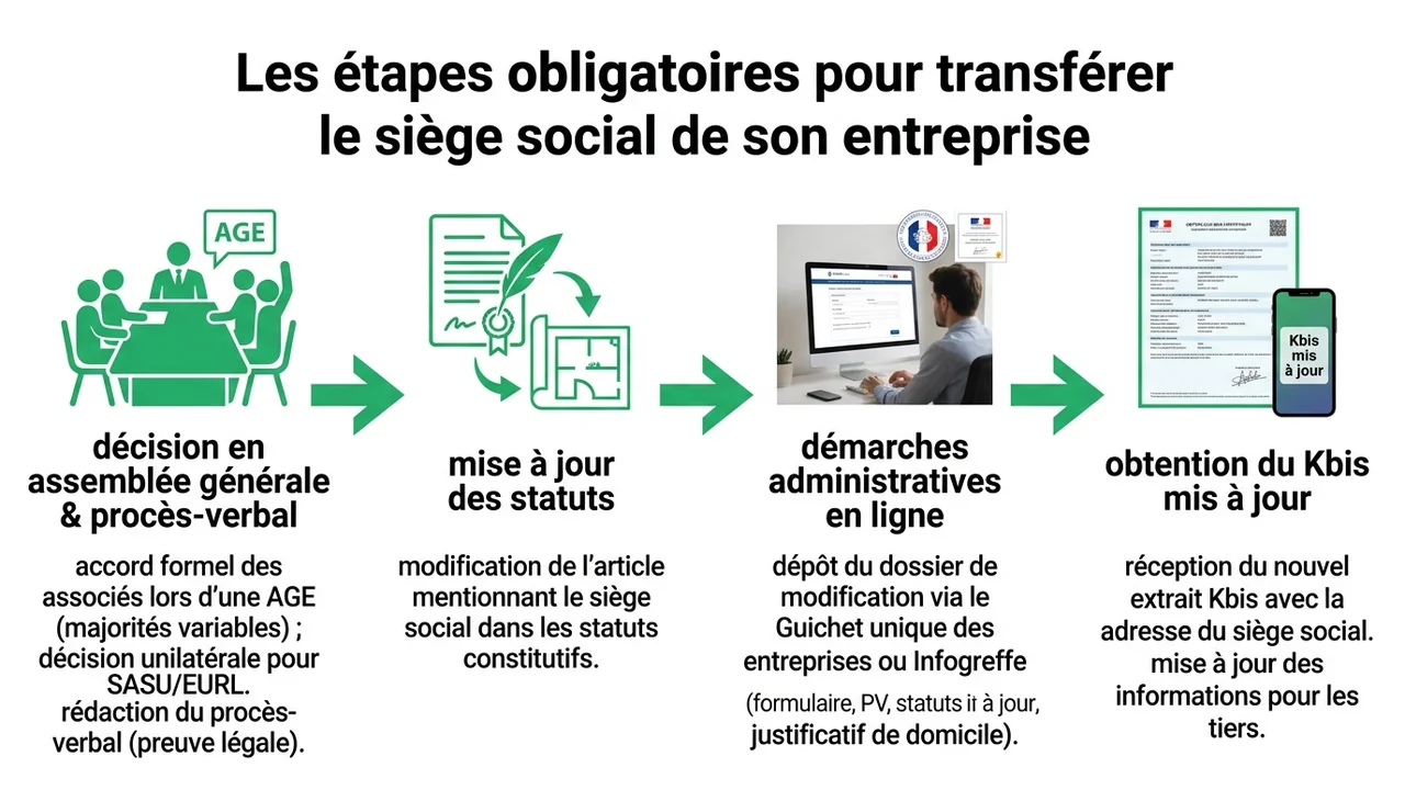 Schéma chronologique des 4 étapes clés : AG et PV, mise à jour des statuts, publication au JAL et déclaration au Guichet Unique.