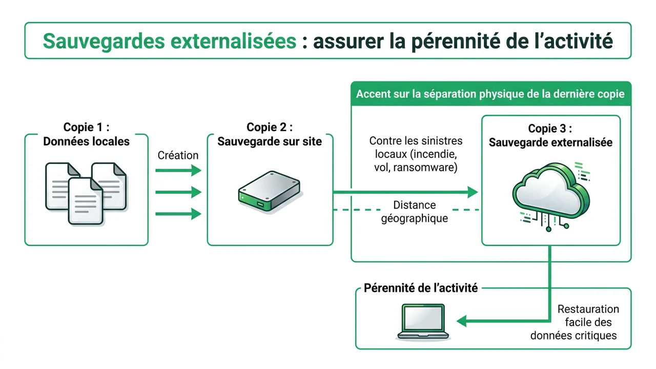 Illustration de la méthode 3-2-1 : trois copies de données, deux supports différents, et une copie stockée hors site (Cloud).