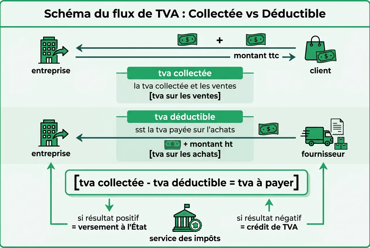 Schéma du flux de TVA : Collectée vs Déductible