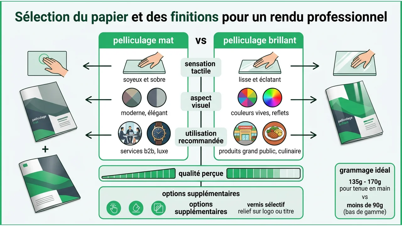 Tableau visuel comparant le rendu mat et brillant ainsi que l'épaisseur des papiers de 90g à 170g.