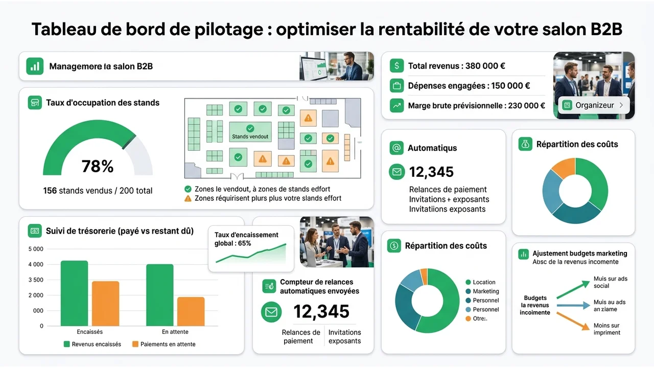 Représentation visuelle d'un tableau de bord avec taux de remplissage, suivi des encaissements et balance commerciale.