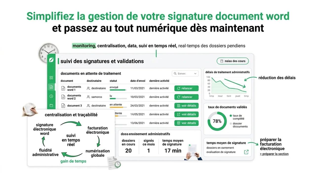 Vue schématique d'une interface de gestion montrant le statut des contrats, les relances automatiques et l'archivage sécurisé.
