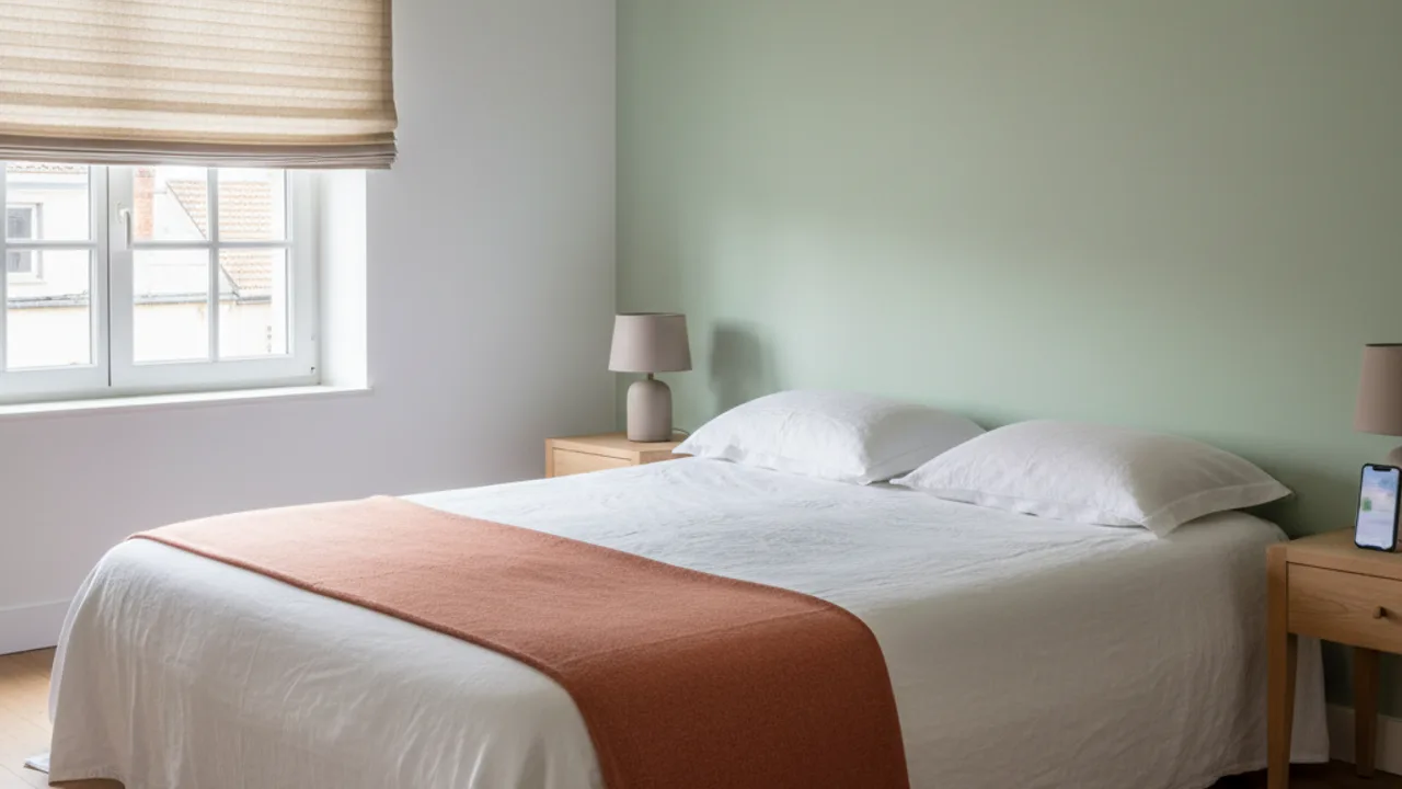 Chambre avec stores plisses sur mesure et déco contemporaine