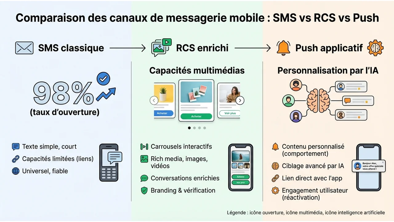 Tableau comparatif illustrant les différences entre le SMS classique, le RCS enrichi et les notifications push applicatives.