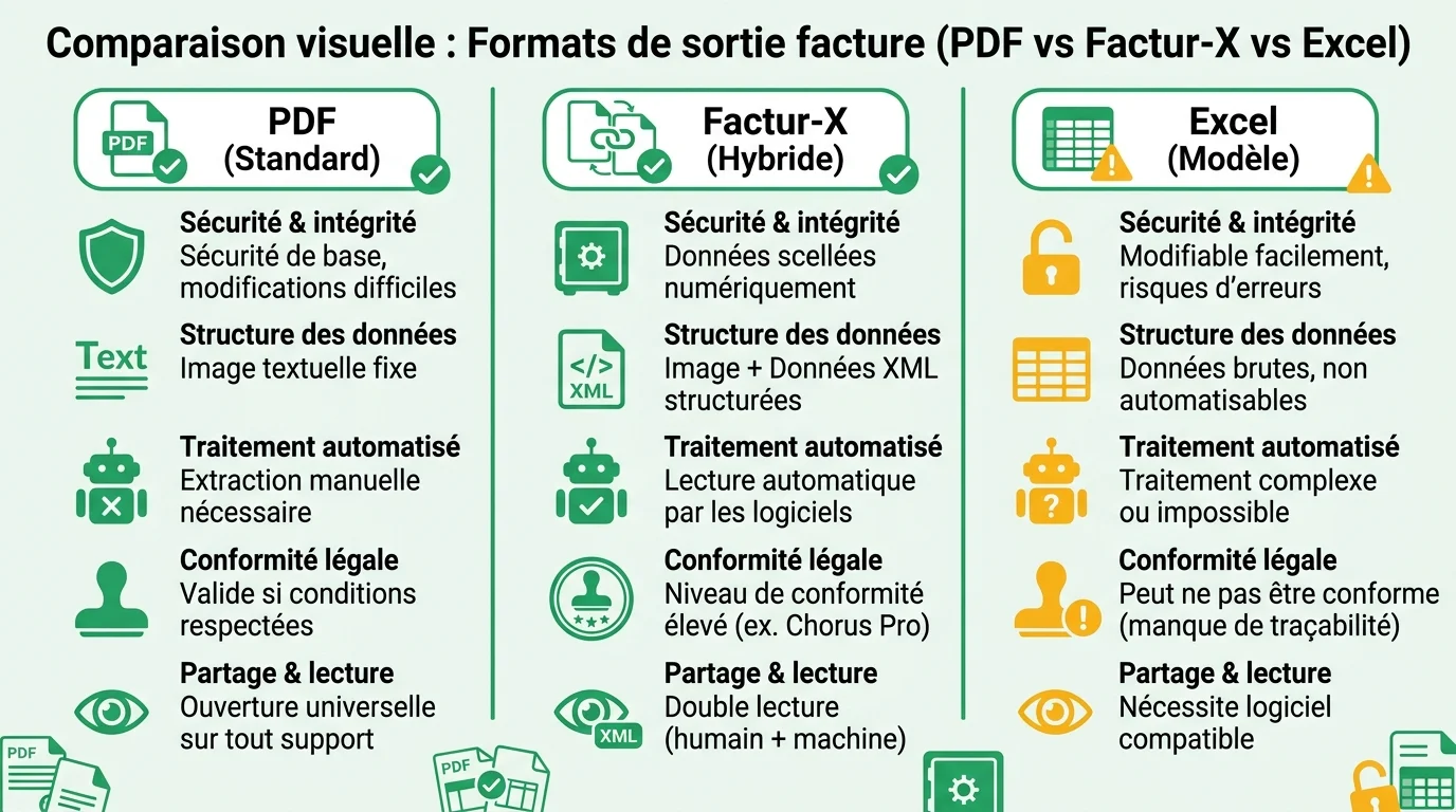 Comparaison visuelle : Formats de sortie facture (PDF vs Factur-X vs Excel)