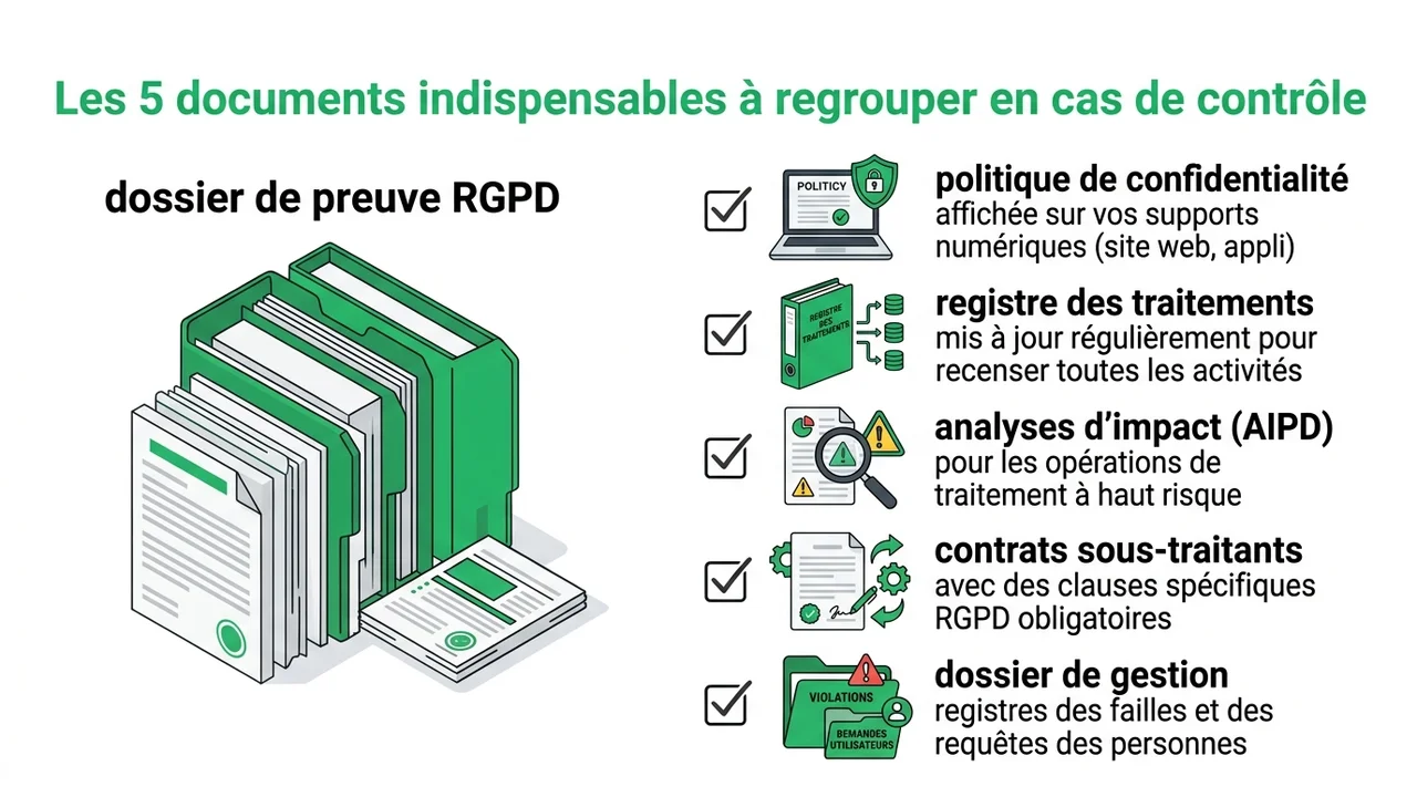 Infographie présentant les 5 documents clés : politique de confidentialité, registre de traitement, AIPD, contrats sous-traitants et registre des violations.