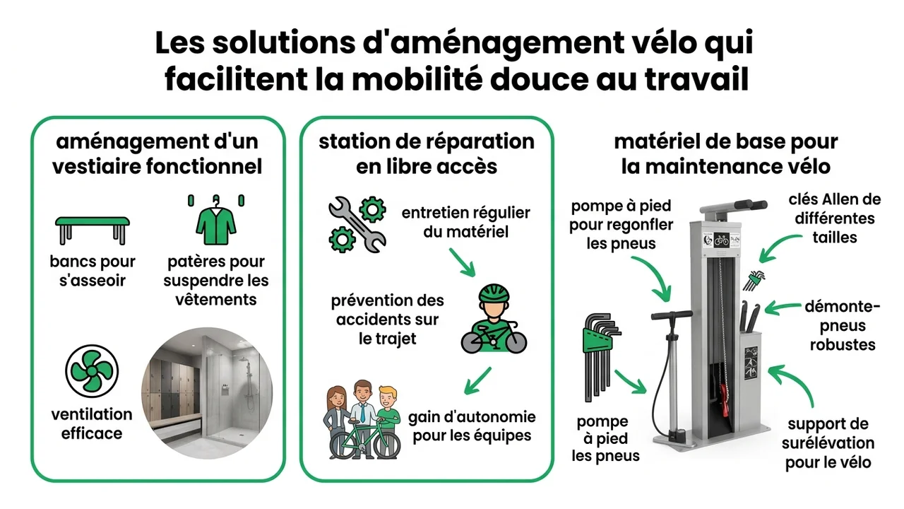 Schéma légendé d'une borne de réparation avec pompe de gonflage, outils fixés par câbles et support de maintenance.