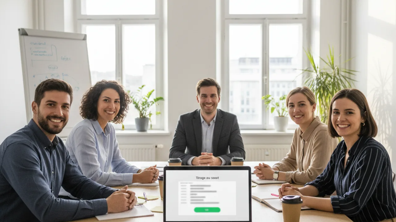 Équipe d'entreprise utilisant un outil de tirage au sort en ligne