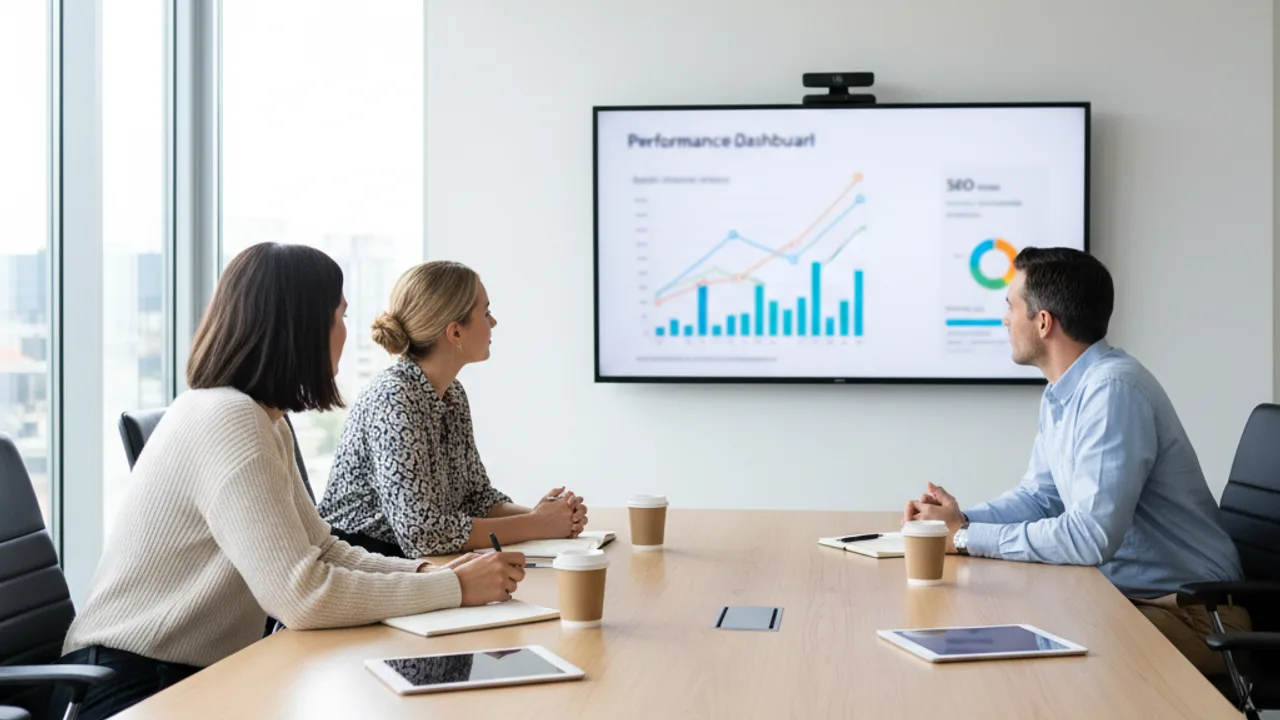 Équipe marketing analysant des performances SEO en réunion