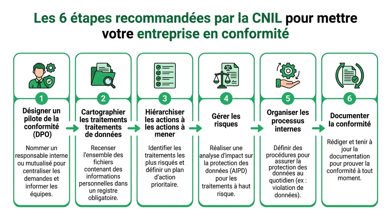 Schéma en 6 étapes : désignation du pilote, cartographie des données, priorisation des actions, gestion des bases légales, organisation des droits et documentation finale.