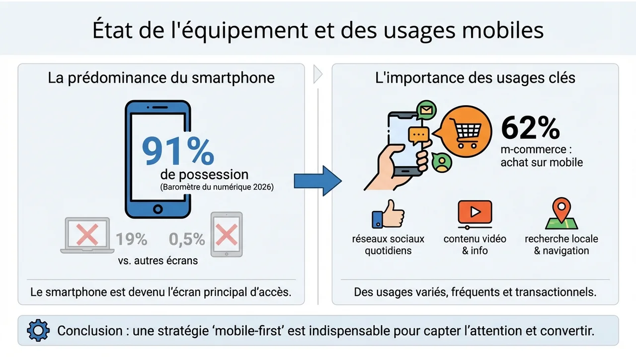 Infographie montrant la prédominance des smartphones avec 91% de possession et l'importance du m-commerce pour 62% des utilisateurs.